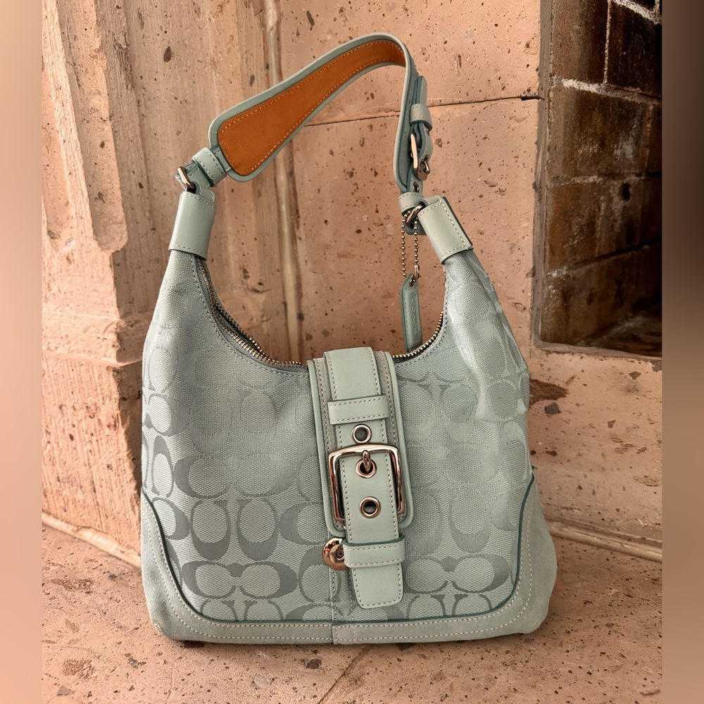 Coach Mint-Green Leather Hobo Bag — Gold Hardware, fabric lining, suede trim